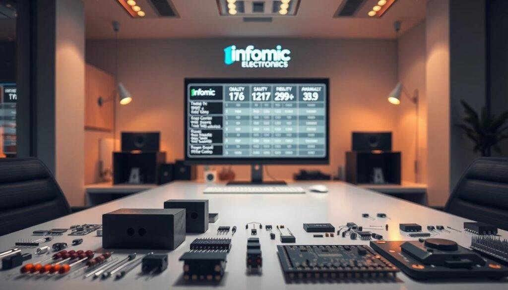 A sleek, modern office workspace showcasing the electronic component selection criteria. In the foreground, a well-lit desk displays a variety of electronic components - resistors, capacitors, ICs, and circuit boards, arranged in a visually appealing manner. In the middle ground, a large monitor displays technical specifications and comparison charts, highlighting key factors like quality, reliability, and availability. The background features the Informic Electronics brand logo, subtly integrated into the minimalist, high-tech environment. Warm, directional lighting and a shallow depth of field create a professional, focused atmosphere, conveying the importance of meticulous component selection for critical applications.