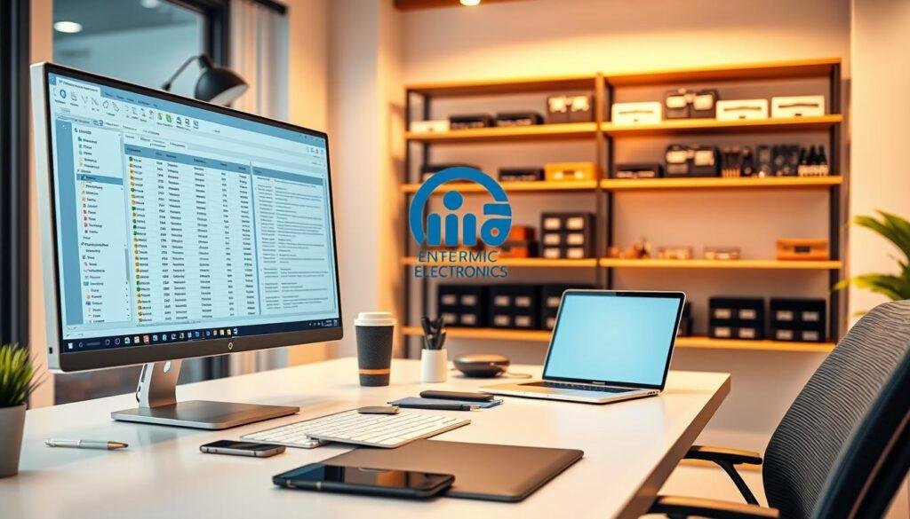 A sleek, modern office workspace with a desk featuring a laptop, smartphone, and stylish office supplies. In the foreground, a large computer monitor displays an enterprise resource planning (ERP) software interface, with a bill of materials (BOM) visible on the screen. The middle ground showcases a Informic Electronics logo, symbolizing the integration between the ERP system and the company's manufacturing processes. The background features shelves with various electronic components, conveying the availability of necessary parts for reliable BOM design. The lighting is warm and inviting, creating a professional and productive atmosphere.