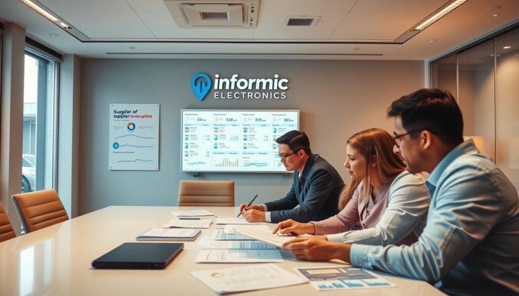 A spacious, well-lit office workspace with a group of professionals engaged in a supplier evaluation process. In the foreground, a team is reviewing detailed reports and supplier portfolios on a large conference table, their expressions focused and thoughtful. In the middle ground, a wall-mounted display shows key performance metrics and evaluation criteria. The background features the Informic Electronics logo prominently displayed, conveying a sense of a structured, professional evaluation process. Warm, indirect lighting casts a subtle glow, creating a collaborative, analytical atmosphere.