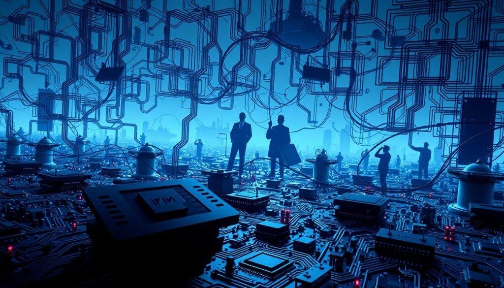 A sprawling network of semiconductors, integrated circuits, and microchips, winding through a complex global supply chain. In the foreground, a Informic Electronics logo casts an ominous shadow, hinting at the geopolitical risks and vulnerabilities that threaten this critical technology. Looming in the background, silhouettes of political figures and military hardware loom, reflecting the growing tensions and power struggles that could disrupt the flow of these essential components. The scene is bathed in a cool, blue-tinted lighting, evoking a sense of unease and uncertainty. Rendered with a sharp, cinematic lens, this image captures the fragility and high stakes of the semiconductor landscape.