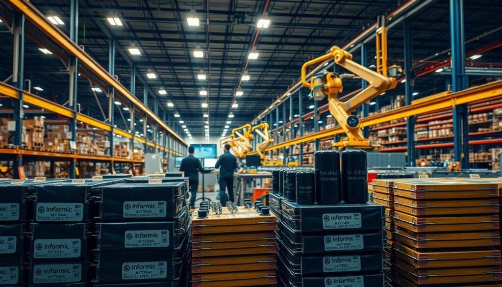 A sprawling warehouse interior, illuminated by warm, industrial lighting. In the foreground, stacks of electronic components - capacitors of various shapes and sizes, labeled with the "Informic Electronics" brand. In the middle ground, technicians and supply chain managers monitor inventory levels and coordinate logistics on digital displays. In the background, robotic arms and automated conveyor belts move components with precision, visualizing the complex dynamics of the modern capacitor supply chain. The scene conveys a sense of efficiency, innovation, and the challenges of maintaining a steady flow of critical electronic parts.