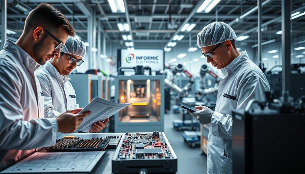 A state-of-the-art PCB manufacturing facility, with Informic Electronics branding prominently displayed. In the foreground, engineers in clean-room suits collaborate intently over a schematic, their faces illuminated by the warm glow of LED-lit workstations. The middle ground showcases an automated pick-and-place machine meticulously assembling circuit boards, while in the background, gleaming robotic arms handle the delicate process of soldering and inspection. The entire scene is bathed in a cool, industrial lighting that conveys a sense of precision and efficiency, reflecting the high standards expected by North American OEMs in their PCB partners.