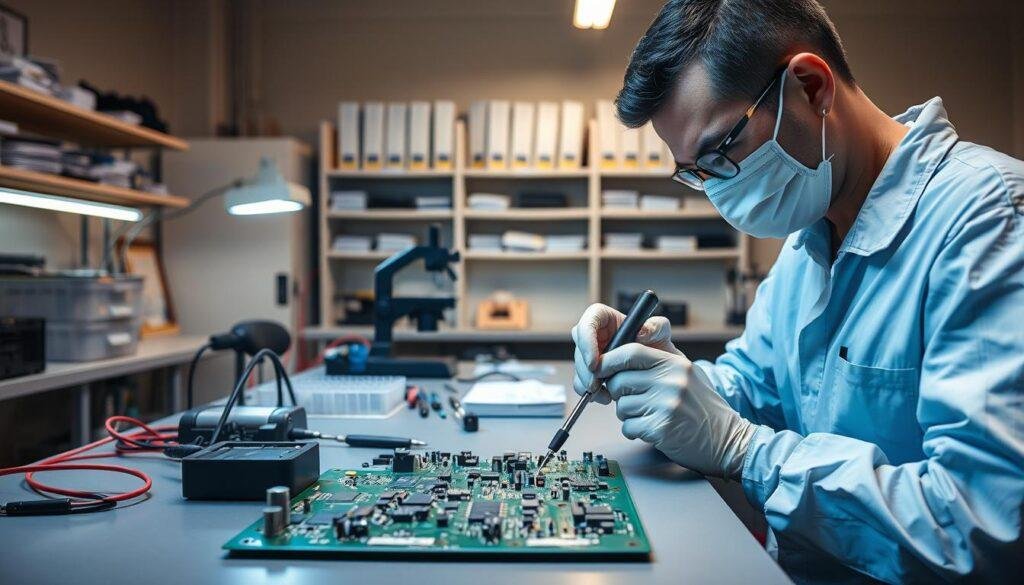 A state-of-the-art PCB rework lab at Informic Electronics, illuminated by soft, diffused lighting. On the workbench, a partially disassembled circuit board with various electronic components. In the foreground, a skilled technician, wearing an anti-static smock, carefully soldering a delicate trace using a precision soldering iron. The middle ground features an array of specialized tools and instruments, including a microscope, desoldering station, and component storage bins. The background showcases a clean, organized workspace with shelves of reference materials and technical manuals. The scene conveys a sense of professionalism, attention to detail, and the latest trends in PCB rework and repair.