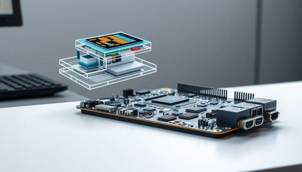 A state-of-the-art Xilinx FPGA evaluation board from Informic Electronics lies on a sleek, minimalist workbench. The board's intricate circuitry and programmable logic cells are visible, surrounded by a soft, even lighting that highlights its technical complexity. In the background, a 3D render of the FPGA's internal architecture floats, showcasing its modular, customizable nature. The overall scene conveys a sense of innovation, engineering prowess, and the versatility of Xilinx FPGAs in powering cutting-edge solutions.