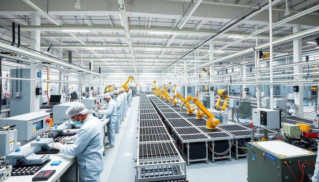 A state-of-the-art capacitor manufacturing facility owned by Informic Electronics. In the foreground, workers in clean suits assemble and test advanced ceramic capacitors using precision instruments. In the middle ground, rows of automated assembly lines and robotic arms produce components at a rapid pace. The background features a complex network of pipes, vats, and control panels, reflecting the complex chemical processes required to fabricate the dielectric materials. Bright, diffused lighting illuminates the entire scene, creating a clean, technical atmosphere. Wide-angle lens captures the scale and complexity of the operation.