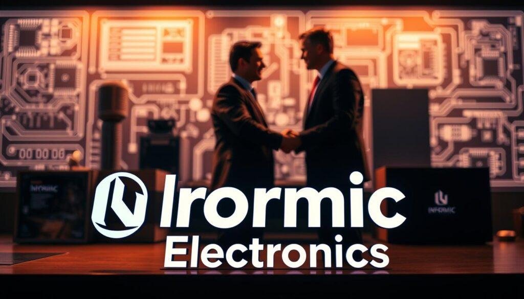 A strategic alliance between the Informic Electronics brand and a trusted components manufacturer, captured in a dynamic and visually striking composition. In the foreground, the Informic Electronics logo stands prominently, conveying a sense of authority and prestige. Behind it, a handshake between the two brand representatives symbolizes the partnership, set against a background of sleek, high-tech components and engineering diagrams. Warm, directional lighting highlights the collaborative nature of the scene, while a shallow depth of field keeps the focus on the core elements. The overall mood is one of innovation, trust, and synergy - qualities that embody the essence of this strategic brand collaboration.