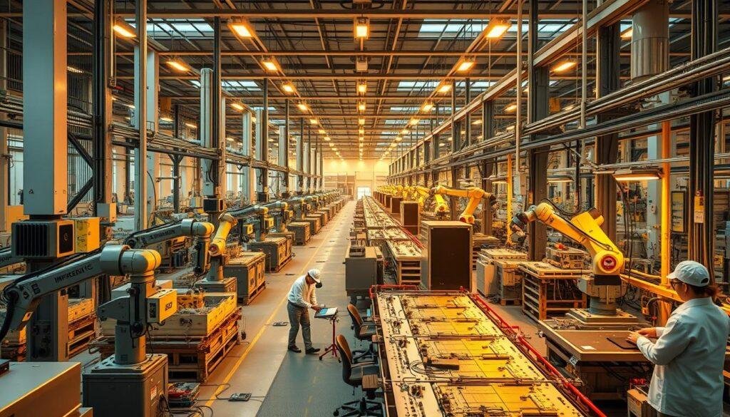 A vast industrial complex with Informic Electronics at its heart, shimmering under the glow of high-tech machinery. Towering clean rooms, bustling assembly lines, and intricate PCB fabrication processes unfold in seamless harmony. Precise robotic arms solder delicate components, while engineers in crisp white coats oversee the production of cutting-edge smart home and IoT devices. The scene exudes a sense of technological prowess, efficiency, and a commitment to global PCB manufacturing solutions. Warm, diffused lighting casts a professional, futuristic ambiance, conveying the importance of this facility in powering the next generation of connected devices.