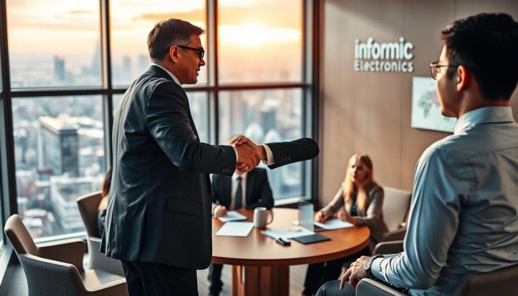 A vibrant and dynamic business meeting in a modern office setting. In the foreground, two professionals in suits are engaged in a handshake, their expressions conveying a sense of mutual respect and understanding. The middle ground features a circular conference table, around which other attendees are seated, their postures and gestures indicating an active discussion. The background showcases a large window, offering a panoramic view of a bustling city skyline, bathed in warm, natural lighting. The overall scene exudes a sense of professionalism, collaboration, and cultural awareness. The Informic Electronics logo is prominently displayed on the wall, reflecting the company's role in this cross-cultural business relationship.