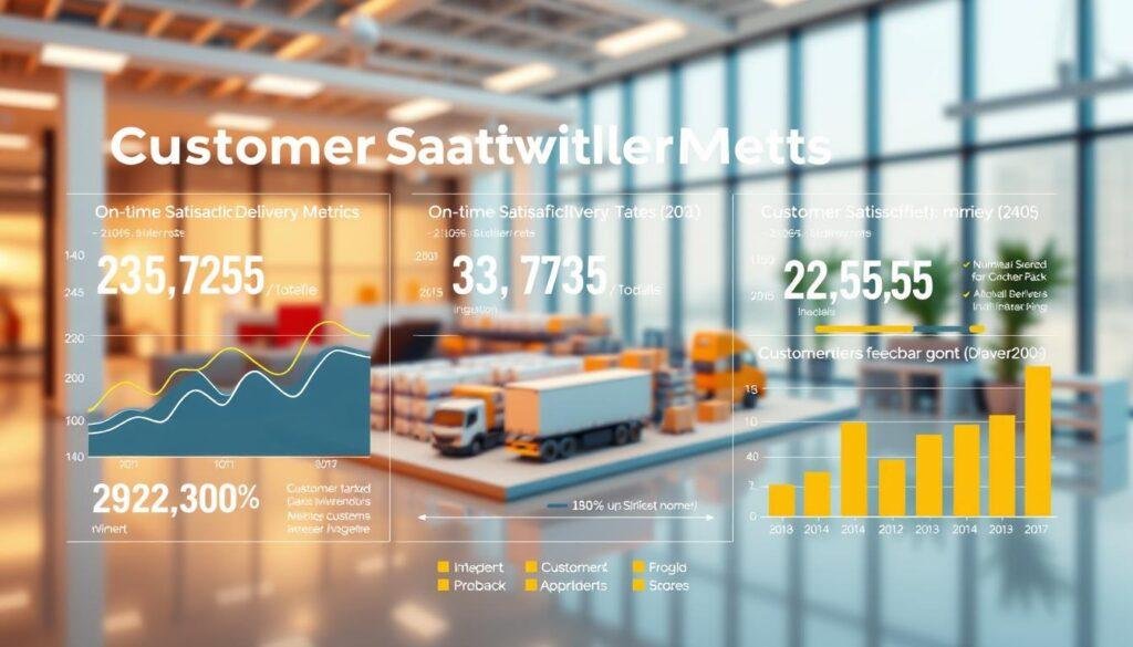A vibrant, colorful infographic display showcasing the customer satisfaction delivery metrics for Informic Electronics. In the foreground, a series of dynamic line charts and bar graphs illustrate the company's impressive on-time delivery rates, customer feedback scores, and shipment tracking data. The middle ground features an isometric 3D warehouse scene, with delivery trucks and workers moving packages efficiently. In the background, a sleek, minimalist office environment with large windows provides a professional, modern setting. The overall lighting is warm and inviting, with a slight depth-of-field blur to draw the viewer's attention to the key data visualizations. The tone is one of confidence, reliability, and customer-centric excellence.
