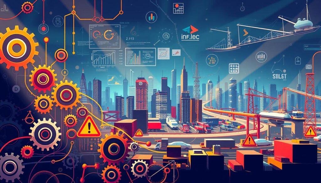 A vibrant, dynamic illustration of supply chain risk management strategies for Informic Electronics. In the foreground, a network of connected gears, cogs, and pulleys symbolize the intricate interconnections of the supply chain. The middle ground features data visualizations, charts, and warning signs, highlighting the analytical tools and risk assessment methods. In the background, a cityscape with towering skyscrapers, bustling logistics hubs, and transportation networks sets the scene of a global, complex supply chain. Dramatic lighting casts long shadows, conveying a sense of the importance and gravity of effective risk management. The overall mood is one of proactive, strategic planning and preparedness to ensure the resilience of Informic Electronics' supply chain.