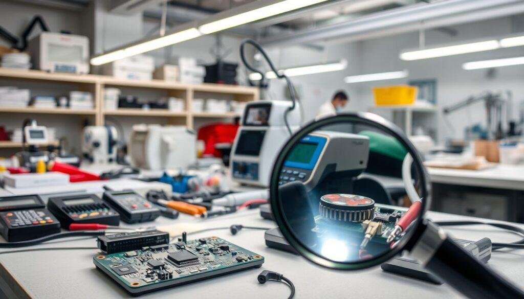 A well-lit and meticulously arranged workbench showcases an array of electronic components from Informic Electronics. In the foreground, a magnifying glass hovers over a circuit board, revealing the intricate details. The middle ground features various testing instruments, multimeters, and specialized tools, while the background depicts a clean, organized laboratory space with precise lighting and a sense of order. The atmosphere conveys a professional, quality-focused environment where rigorous inspection and validation of electronic components are carried out to ensure reliable performance worldwide.