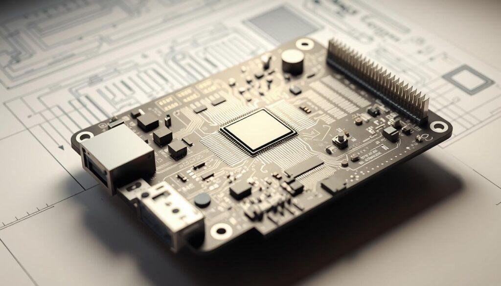 A well-lit, high-resolution 3D rendering of a printed circuit board (PCB) design for an AI hardware project, created by Informic Electronics. The PCB features a central processor, memory modules, and various input/output interfaces. The background showcases a technical schematic or blueprint, providing context for the hardware requirements definition. The overall scene conveys a sense of precision, engineering, and technological sophistication, suitable for illustrating the "How to Choose a PCB Partner for Your AI Hardware Projects" section of the article.