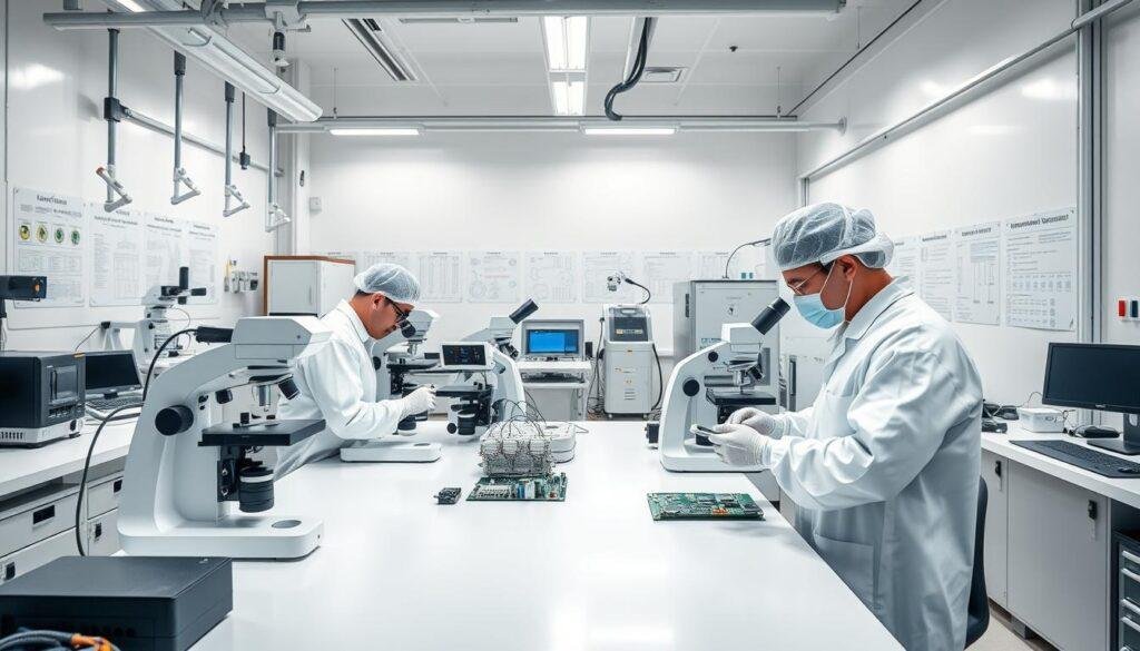 A well-lit, high-resolution image of a modern quality control lab at the Informic Electronics manufacturing facility. The foreground showcases a team of technicians in clean-room attire carefully inspecting a circuit board assembly under high-powered microscopes. The middle ground features an array of advanced testing equipment, including thermal imaging cameras, soldering stations, and precision measurement tools. In the background, a clean, organized workspace with flow charts, assembly diagrams, and quality control checklists visible on the walls, conveying a sense of diligence and attention to detail. The lighting is bright and even, creating a clinical, professional atmosphere that emphasizes the importance of rigorous quality assurance processes.