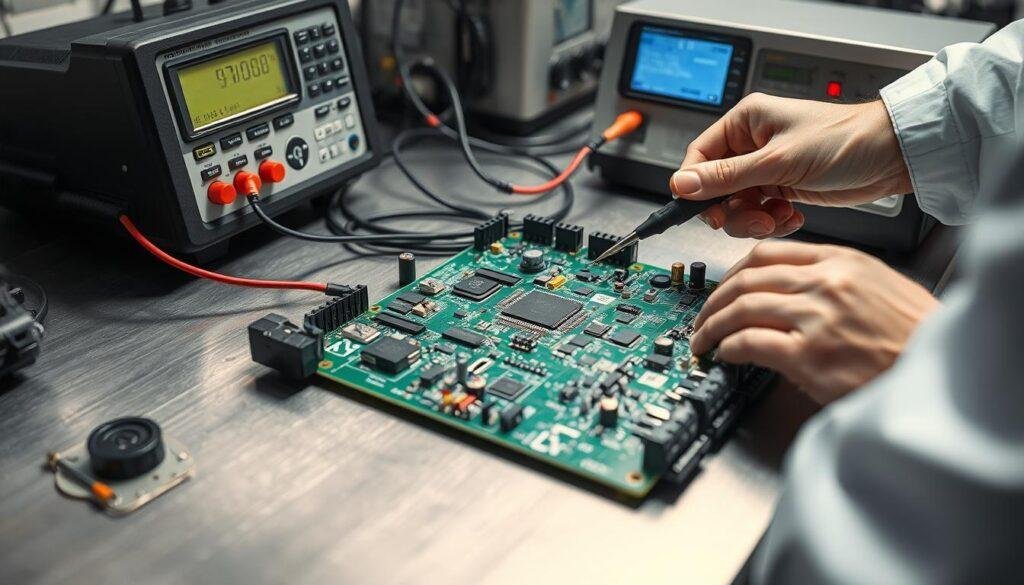 A well-lit, high-resolution image of a printed circuit board (PCB) undergoing functional testing at the Informic Electronics laboratory. The PCB is placed on a clean, metallic test bench, surrounded by various measurement instruments and probes. The image captures the attention-grabbing process of testing the PCB's circuits, components, and connectivity, ensuring its proper functioning before shipment. The scene exudes a sense of precision and attention to detail, with the technician's hands meticulously operating the testing equipment. The overall mood is one of professionalism and diligence, reflecting the importance of PCBA testing in the electronics industry.