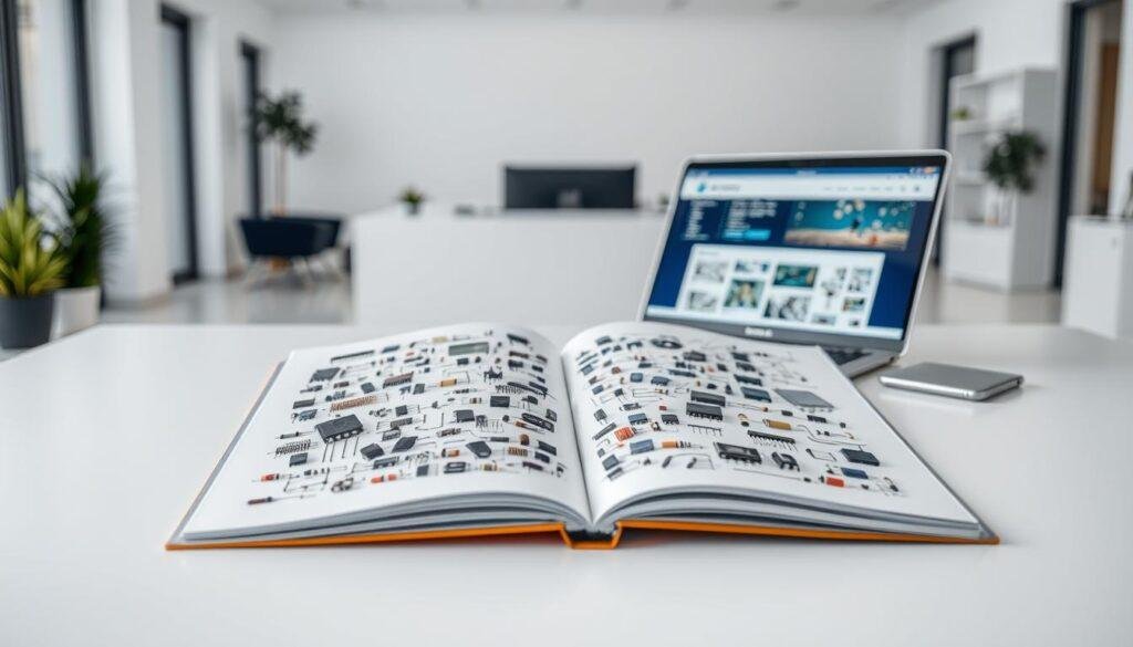 A well-lit, high-resolution image showcasing a catalog of electronic components from Informic Electronics. In the foreground, an open catalog displays a diverse array of parts, including resistors, capacitors, and integrated circuits, all photographed against a plain white background with soft shadows. The middle ground features a laptop or tablet displaying an online procurement interface, conveying the digital aspects of component sourcing. In the background, a clean, modern office setting with minimalist furniture and decor, creating a professional, organized atmosphere conducive to efficient procurement processes.