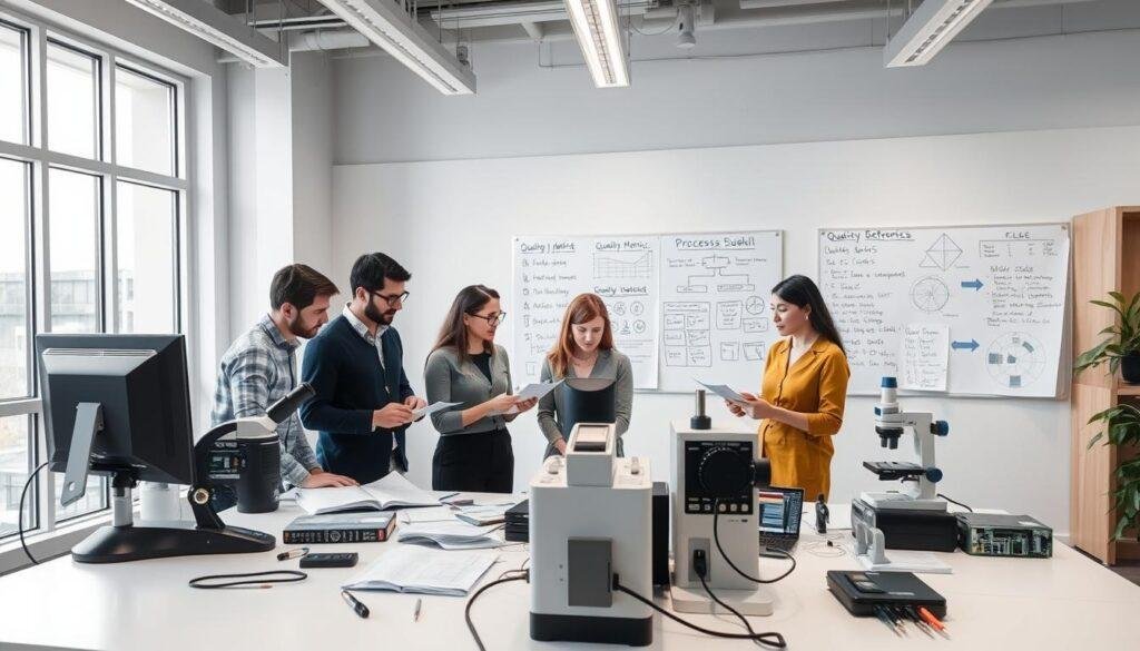 A well-lit modern office space, with large windows letting in natural light. In the foreground, a team of Informic Electronics employees gathered around a table, carefully reviewing documents and comparing checklists. The middle ground features an array of quality control tools and equipment, including a microscope, calipers, and a computer monitoring system. In the background, a whiteboard displays quality metrics, process flow diagrams, and continuous improvement plans. The overall atmosphere exudes a sense of diligence, collaboration, and a commitment to maintaining the highest standards of quality.