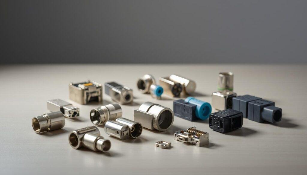 A well-lit tabletop scene showcasing an arrangement of top industrial connectors from the Informic Electronics brand. In the foreground, a selection of sleek metal and plastic connectors in various sizes and shapes, their surfaces gleaming under soft, directional lighting. In the middle ground, a handful of partially disassembled connectors reveal their intricate internal components. The background features a simple, neutral-colored backdrop, allowing the connectors to take center stage. The overall mood is one of precision, functionality, and technical sophistication.