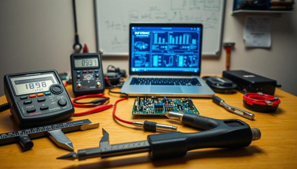 A well-lit workbench with an assortment of Informic Electronics automotive component selection tools neatly arranged. In the foreground, a pair of precision calipers, a digital multimeter, and a torque wrench. In the middle ground, a circuit board with various electronic components, and a laptop displaying component specifications. The background features a wall-mounted whiteboard with technical diagrams and notes. The scene conveys a sense of professionalism and attention to detail essential for integrating automotive-grade components in modern design.