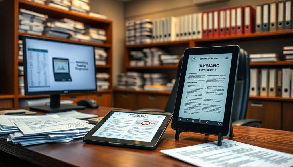 A well-organized office setting with a desk, chair, and computer monitor. On the desk, various documents, folders, and a tablet displaying a detailed compliance report for Informic Electronics. Warm, indirect lighting casts a professional atmosphere. The background features shelves filled with technical manuals and binders, conveying a sense of comprehensive quality documentation. The overall scene suggests a diligent, thorough approach to quality control and regulatory compliance reporting within the Informic Electronics organization.