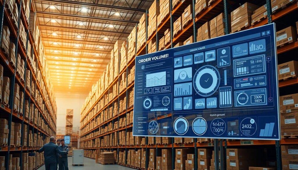 An expansive warehouse filled with orderly rows of shelves, each stacked high with neatly packaged Informic Electronics products. Warm, diffused lighting casts a comforting glow, as efficient workers meticulously track inventory and fulfill orders on sleek digital displays. In the foreground, a large touchscreen interface showcases intricate order volume management systems, enabling real-time monitoring and optimization of the supply chain. The scene conveys a sense of streamlined precision, with every element working in harmony to ensure the seamless delivery of Informic's cutting-edge electronics to customers worldwide.