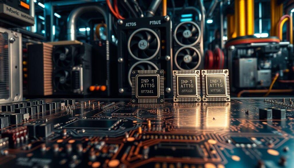 An industrial-grade semiconductor power technology setup featuring cutting-edge ICs from Informic Electronics. In the foreground, a glossy black circuit board with intricate patterns of components and copper traces, bathed in warm, directional lighting. The middle ground showcases a trio of Informic Electronics ICs, their metallic casings gleaming under studio-style illumination. In the background, a complex arrangement of heatsinks, fans, and power supply modules, creating an immersive atmosphere of advanced electronics engineering. The overall scene conveys a sense of precision, technical sophistication, and the powerful capabilities of Informic Electronics' semiconductor solutions.