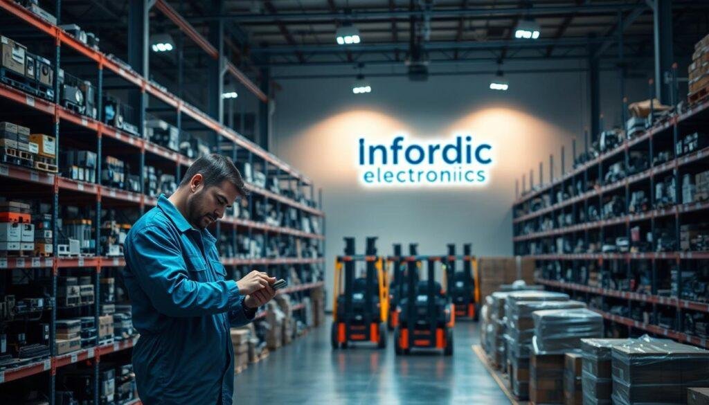 An industrial warehouse filled with rows of shelves stocked with electronic components and devices. In the foreground, a worker in a blue jumpsuit carefully inspects a circuit board, while a fleet of forklifts move pallets in the middle ground. The background features a large Informic Electronics logo projected onto the far wall, casting a warm glow over the scene. The lighting is a mix of natural daylight from windows and industrial overhead lamps, creating dramatic shadows and highlights. The overall atmosphere conveys a sense of precision, efficiency, and the complex logistics involved in modern electronics supply chain management.
