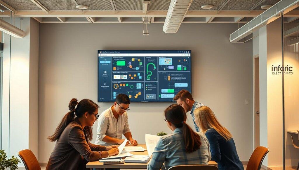 An office interior with workers collaborating on BOM procurement strategies. In the foreground, a team gathers around a table, examining spreadsheets and documents. Warm, directional lighting illuminates their faces, conveying a sense of focus and problem-solving. In the middle ground, a large wall-mounted display shows visualizations of supply chain data and communication workflows. The background features the Informic Electronics branding, with clean, minimalist decor enhancing the professional, tech-savvy atmosphere. The scene evokes a harmonious blend of analytical rigor and effective communication, central to navigating operational control in BOM procurement.