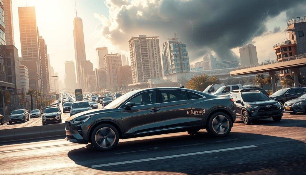 Automotive environmental factors: A bustling urban landscape with towering skyscrapers and traffic-congested streets. In the foreground, a sleek, modern Informic Electronics-branded vehicle navigates the challenging terrain, its advanced sensors and systems adapting to the harsh conditions. Sunlight filters through the hazy atmosphere, casting dynamic shadows on the road surface. The middle ground showcases a diverse array of vehicles, from rugged off-road SUVs to compact city cars, each designed to withstand the demands of the automotive environment. In the background, a looming thunderstorm brews, hinting at the unpredictable weather patterns that automotive components must withstand. The overall scene conveys the complexity and dynamism of the automotive landscape, where Informic Electronics' cutting-edge technology plays a crucial role in ensuring reliable and resilient performance.