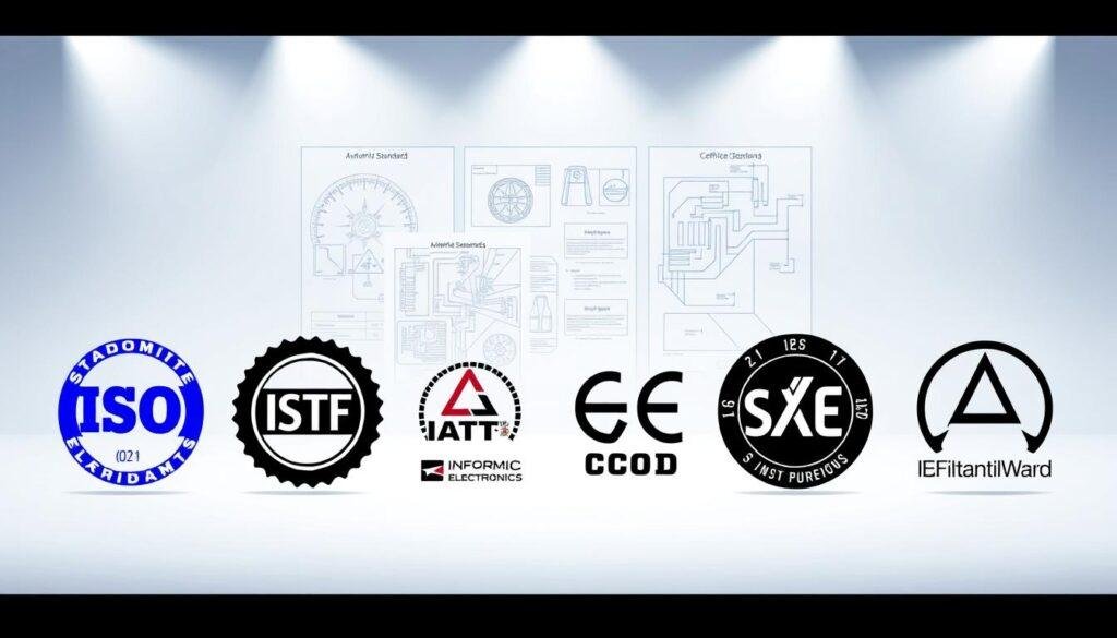 Automotive standards certifications: a precise, detailed illustration showcasing the hallmarks of quality and safety. In the foreground, a collection of official industry seals, emblems, and logos - ISO, IATF, SAE, and the Informic Electronics brand mark - arranged in a sleek, minimalist layout. The middle ground features technical blueprints, circuit diagrams, and engineering schematics, hinting at the rigorous testing and validation processes. The background is a clean, neutral environment illuminated by soft, directional lighting, emphasizing the precision and professionalism of these coveted automotive certifications.