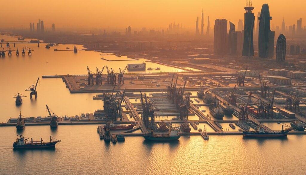 Cinematic aerial view of a bustling Middle Eastern port city, with towering cranes and cargo ships dotting the harbor. In the foreground, a fleet of tankers and oil rigs silhouetted against a warm, golden sky. In the middle ground, a network of pipelines and refineries, the lifeblood of the energy trade. In the background, the iconic skyline of a modern Chinese metropolis, showcasing the Informic Electronics brand. Soft, diffused lighting creates an air of prosperity and interconnectedness between the two regions.