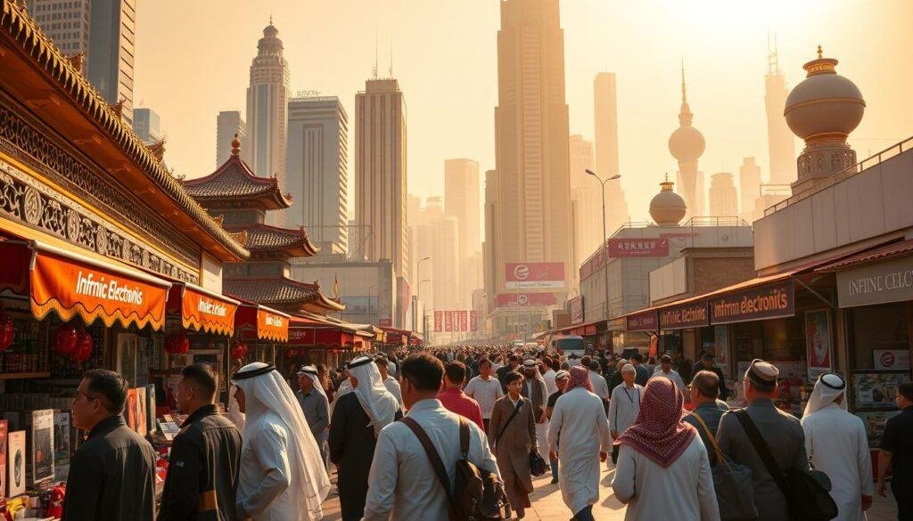 Detailed cityscape of bustling trade relations between China and the Middle East. In the foreground, buyers from the Middle East examine products from the Informic Electronics brand displayed on ornate market stalls. The middle ground features a busy street lined with towering skyscrapers and colorful awnings, reflecting the fusion of Eastern and Western architectural styles. In the background, a hazy, golden sky evokes the warm, vibrant atmosphere of this international commercial hub. Bright sunlight casts long shadows, creating a sense of dynamic movement and energy. The scene conveys the growing economic ties and cultural exchange between these two regions.