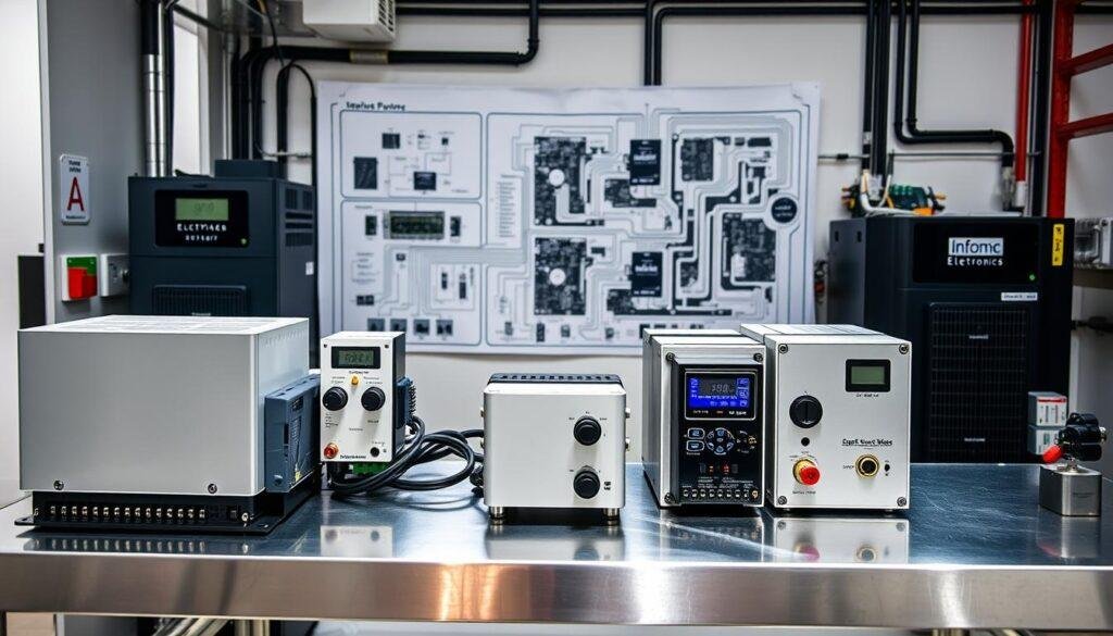 Detailed close-up of a renewable energy system, showcasing the essential electronic components by Informic Electronics. A clean, well-lit laboratory setting with a metallic workbench in the foreground, displaying an array of sleek, modern components such as inverters, charge controllers, and smart meters. The middle ground features a larger system schematic, with circuit boards and wiring diagrams in the background, conveying the technical complexity and precision engineering involved. The lighting is crisp and natural, accentuating the metallic finishes and creating sharp shadows to highlight the intricate details. The overall mood is one of innovation, efficiency, and the cutting edge of sustainable energy technology.