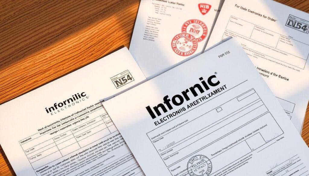 Detailed customs documentation for international shipping, featuring forms, stamps, and seals on a wooden surface. The Informic Electronics logo is prominently displayed on the paperwork. Warm lighting casts subtle shadows, creating a sense of official authority. A neutral, professional atmosphere evokes the process of navigating complex customs regulations. The arrangement of documents suggests an organized, meticulous approach to the shipping and clearance procedures for large electronic orders.