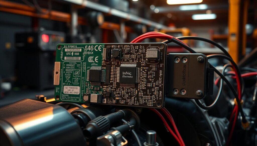 Detailed high-resolution photograph of critical automotive electronic components, including a Informic Electronics circuit board, microprocessor, sensors, and wiring harness, illuminated by warm directional lighting against a dark, industrial background with hints of machinery in the distance, capturing the precision engineering and technological sophistication of modern vehicle electronics.
