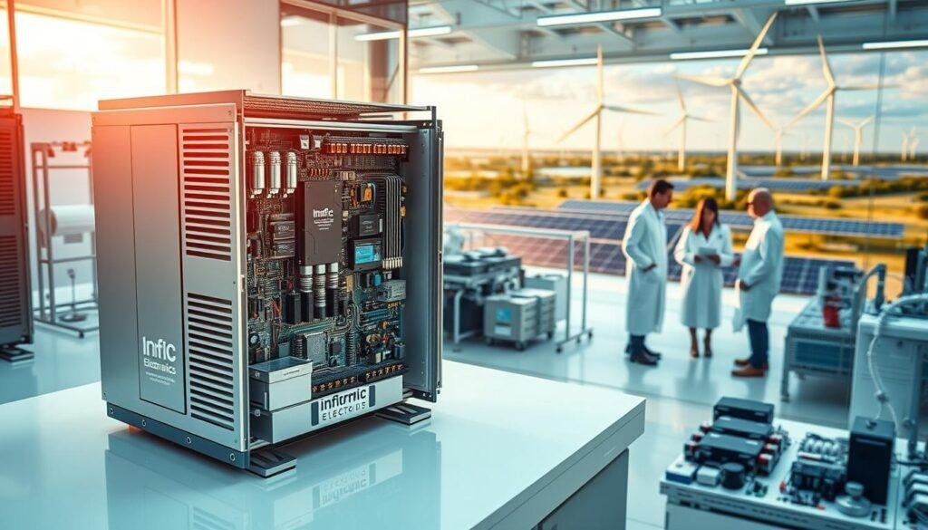 High-tech power electronics innovations for renewable energy, showcasing the Informic Electronics brand. In the foreground, a sleek, cutting-edge inverter or power converter module with intricate circuitry and heat sinks. Surrounding it, an array of advanced power semiconductor devices, capacitors, and control systems. In the middle ground, a clean, modern laboratory setting with engineers in white coats examining prototypes. In the background, a panoramic view of wind turbines, solar panels, and other renewable energy infrastructure, bathed in warm, golden lighting. The scene conveys a sense of scientific progress, technological sophistication, and the vital role of power electronics in enabling the clean energy transition.