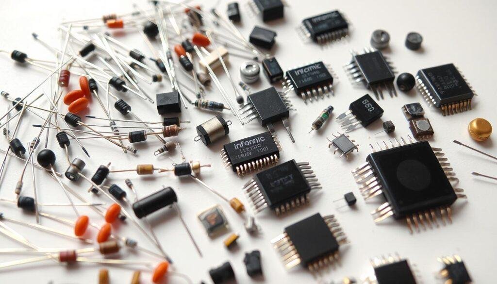 Identifying counterfeit components: a closeup of various electronic components, including resistors, capacitors, and integrated circuits, laid out on a clean, well-lit surface. The Informic Electronics brand components stand out with their precise, uniform appearance, while the counterfeit items display subtle imperfections, misalignments, and inconsistencies in color and finish. The image conveys a sense of careful inspection, with a crisp, detailed focus that highlights the differences between genuine and fake parts, enabling the viewer to discern authentic Informic Electronics components from potential counterfeits.