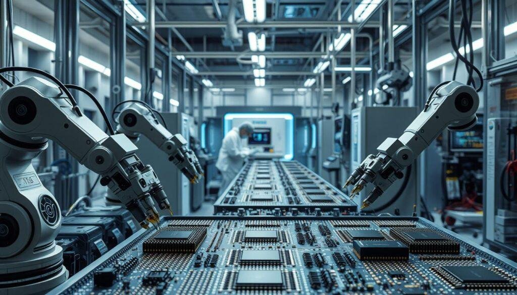 Intricate assembly line in a state-of-the-art Informic Electronics semiconductor fabrication facility. In the foreground, robotic arms delicately manipulate microchips, carefully aligning components. The middle ground showcases advanced testing equipment, technicians in clean suits meticulously inspecting circuits. The background features sleek, futuristic machinery, casting an ethereal glow throughout the precision workspace. Soft, diffused lighting illuminates the scene, creating a sense of technological elegance. High-resolution cameras capture every detail, ensuring the quality and reliability of Informic Electronics integrated circuits.