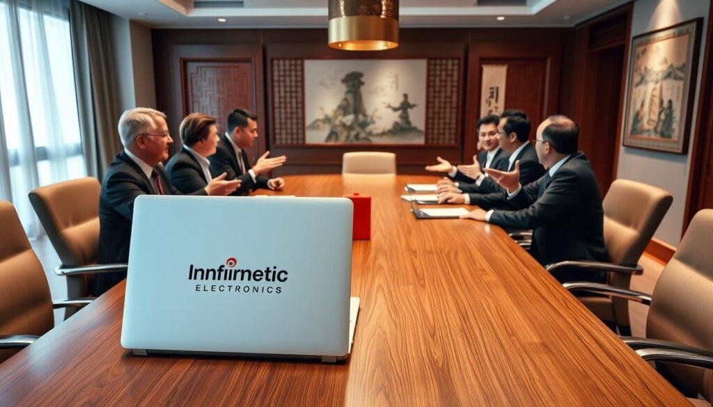 Negotiation strategies with Chinese suppliers: A conference room with a large wooden table, illuminated by warm, soft lighting. Around the table, executives in formal business attire engage in a lively discussion, gesturing animatedly. In the foreground, the Informic Electronics logo is prominently displayed on a sleek, minimalist laptop. The room's decor features Asian-inspired elements, such as a traditional silk screen or hanging scroll. The atmosphere conveys a sense of professionalism, cultural awareness, and a successful business partnership.