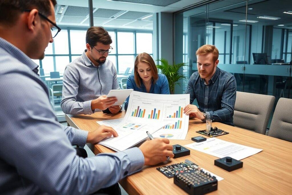 Procurement team implementing hybrid sourcing strategy for electronic components Procurement team implementing hybrid sourcing strategy for electronic components