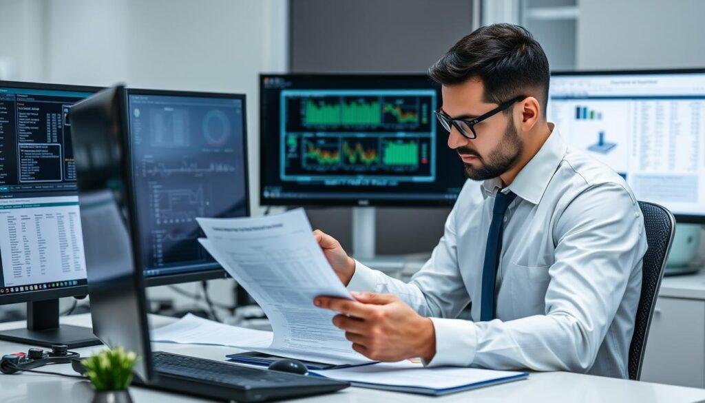 Professional evaluating electronic component supplier documentation Professional evaluating electronic component supplier documentation