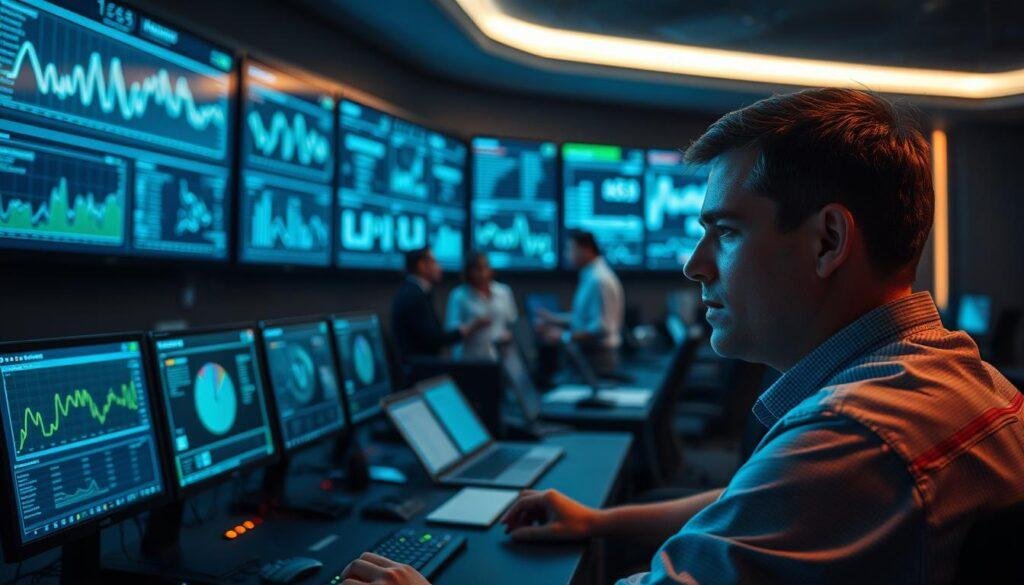 Prompt A high-tech data monitoring control room, dimly lit with subtle blue and green hues, featuring an array of Informic Electronics displays and screens showing real-time analytics, graphs, and dashboards. In the foreground, an operator sits intently studying the data, their face illuminated by the glow of the screens. In the middle ground, a team of analysts collaborate, discussing insights and trends. The background depicts a sleek, futuristic environment with cutting-edge technology, conveying a sense of innovation and efficiency in electronics sourcing and risk management.