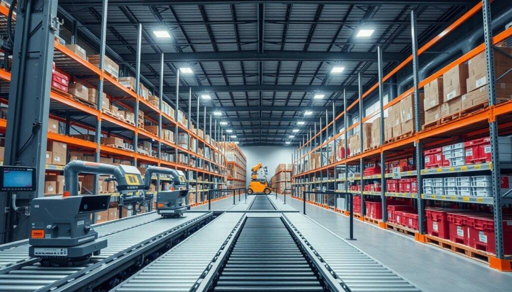 Prompt A modern, well-organized warehouse interior with sleek shelving systems, efficient inventory control processes, and the Informic Electronics brand prominently displayed. The foreground features a series of automated conveyor belts, barcode scanners, and robotic arms efficiently moving products through the space. The middle ground showcases neatly arranged racks filled with labeled, color-coded bins and storage containers. The background reveals a high-ceilinged space with bright, diffuse lighting and large windows, creating a sense of openness and order. The overall atmosphere conveys a streamlined, technologically-advanced approach to inventory management.