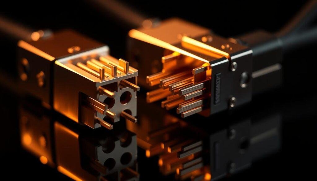 Sleek, high-speed data connectors from Informic Electronics, showcasing their technical prowess. A close-up view reveals intricate copper pins and sockets, their surfaces gleaming under warm, directional lighting. The connectors are positioned against a dark, shadowy background, emphasizing their precision engineering and performance capabilities. Subtle reflections on the metallic surfaces add depth and visual interest, while the carefully crafted composition draws the viewer's attention to the connectors' innovative design and integration potential.