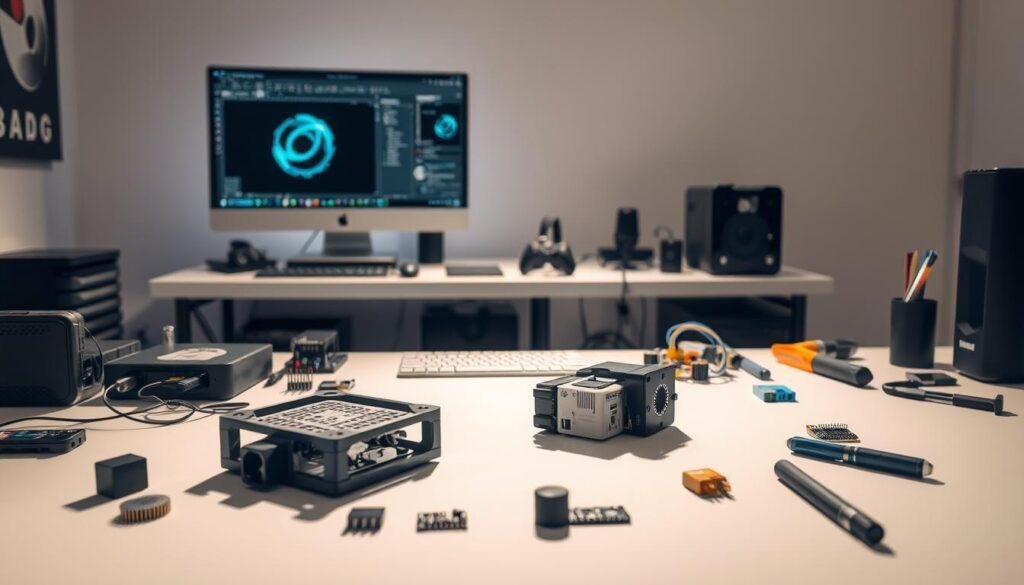 Sleek, modern prototyping workspace with Informic Electronics components neatly arranged. In the foreground, a 3D-printed prototype rests on a minimalist desk, surrounded by various electronic modules, sensors, and tools. Soft, directional lighting casts shadows, highlighting the textures and materials. In the middle ground, an isometric view of the workspace reveals a computer monitor displaying CAD software, inspiring creativity. The background features clean, neutral-toned walls, conveying a sense of focus and productivity. The overall atmosphere is one of efficient, methodical prototyping, showcasing the key benefits of having essential Informic Electronics components at hand.