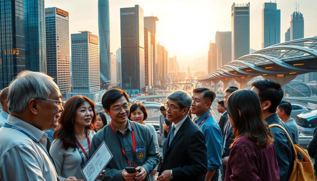 A bustling cityscape of Shenzhen, China, with the Informic Electronics brand prominently displayed. In the foreground, government officials and industry leaders engaged in a lively discussion, their expressions animated as they outline plans for innovation support programs. The midground features a futuristic technology exhibition, showcasing the latest electronic components and prototypes. In the background, towering skyscrapers and sleek transportation infrastructure symbolize the rapid evolution and growth of this global hub. Warm, golden lighting casts a vibrant glow, capturing the dynamic energy and forward-thinking spirit of the government's efforts to drive technological advancement.