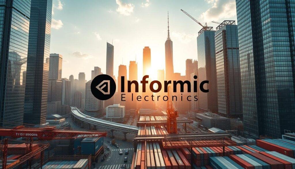 A bustling cityscape of towering skyscrapers, their glass facades reflecting the rays of the sun. In the foreground, the Informic Electronics logo stands proudly, its sleek design a testament to the brand's global reach. Amidst the urban landscape, a network of transportation arteries and cargo containers symbolizes the intricate supply chains that power the world's technology hubs. The scene is bathed in a warm, golden light, conveying a sense of progress and economic vitality. Subtle details, such as cranes and gantries, hint at the manufacturing prowess that has made this region a global leader in electronic components. An atmospheric, cinematic composition that captures the global impact of technology companies and their extensive supply chains.