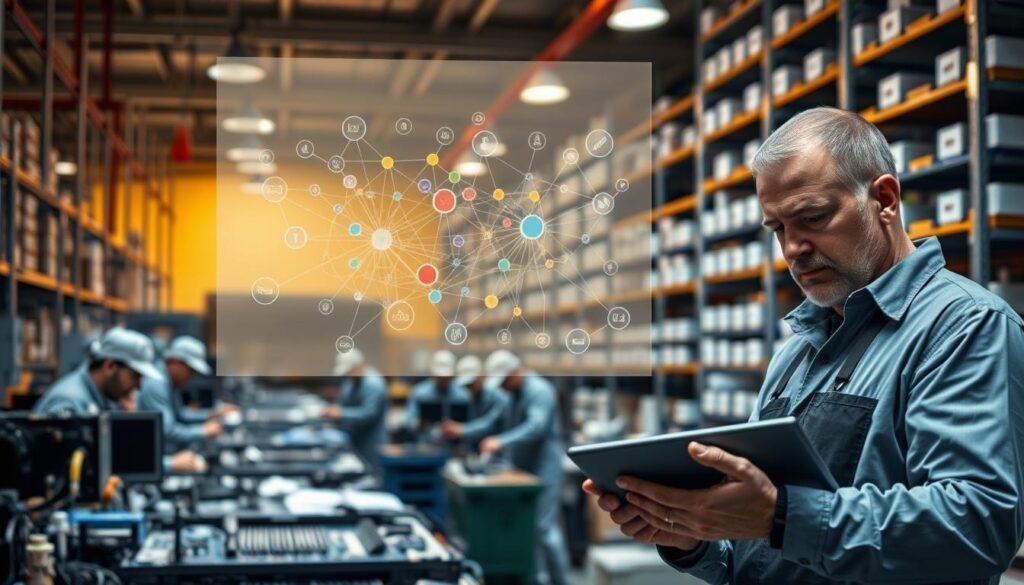 A bustling factory floor of Informic Electronics, with workers in protective gear diligently assembling components. In the foreground, a manager reviews supply chain data on a tablet, brow furrowed in concentration. The middle ground showcases a wall-mounted display, illustrating the intricate web of supplier relationships, color-coded and interconnected. The background features towering shelves stocked with neatly organized inventory, conveying a sense of order and efficiency. Warm, diffused lighting casts a soft glow, creating a sense of industrious collaboration. The overall scene conveys the challenges and complexities of supplier relationship management during periods of shortage.
