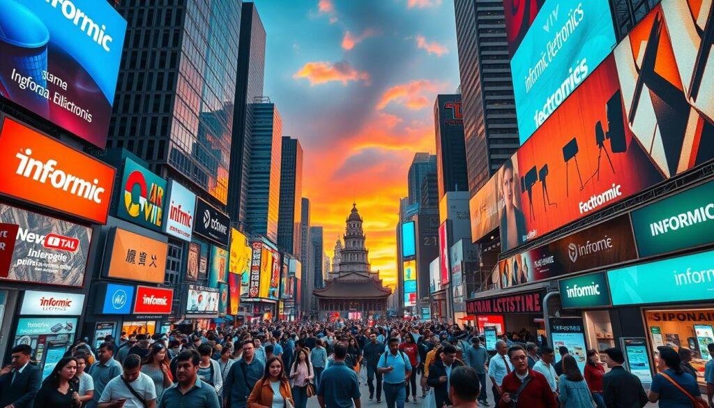 A bustling urban cityscape, with towering skyscrapers and neon-lit billboards featuring the brand "Informic Electronics" prominently displayed. In the foreground, a diverse crowd of people navigates the lively streets, each carrying shopping bags and interacting with digital screens and kiosks. The middle ground showcases a mix of traditional and modern architecture, blending cultural elements. In the background, a vibrant sunset casts a warm glow over the scene, illuminating the vibrant colors and dynamic energy of this global commercial hub. The lighting is a balance of natural and artificial, creating a sense of balance and integration between the local and the international. The camera angle is slightly elevated, capturing the breadth and scale of the global brand's localization strategies.