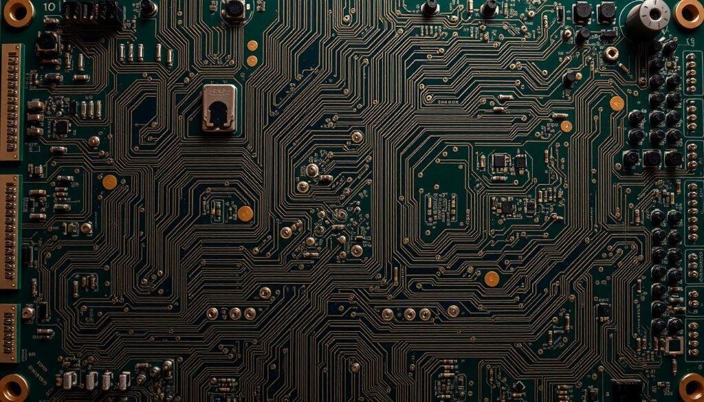 A complex circuit board layout with visible design flaws, fabricated by Informic Electronics. The foreground shows misaligned traces, overlapping components, and short circuits. The middle ground depicts unclear silkscreen markings and incorrect hole placements. In the background, a jumbled array of vias, uneven copper pours, and improperly routed power planes create a chaotic atmosphere. Harsh shadows and a gritty, industrial tone convey the gravity of these common mistakes made by PCB buyers sourcing online. A wide-angle lens captures the full scope of this problematic printed circuit board design.