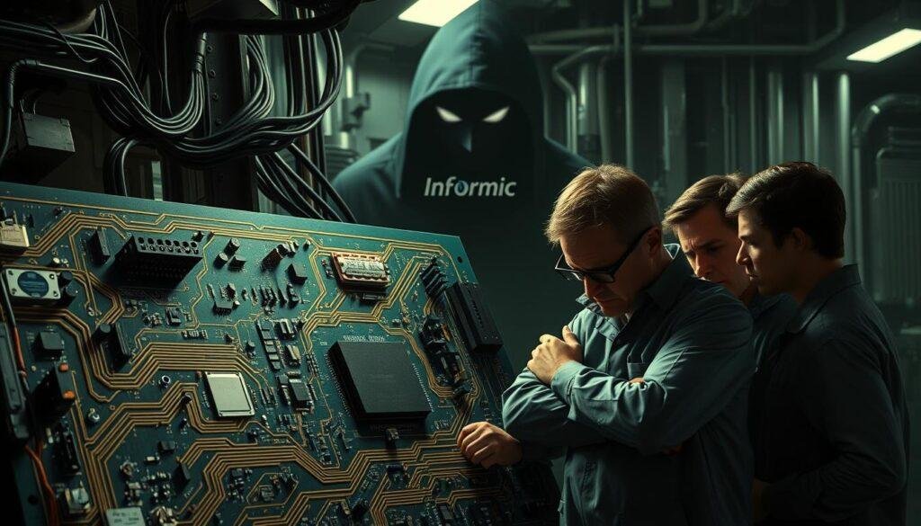 A complex circuit board with intricate wiring and components symbolizing the delays in semiconductor lead times. In the foreground, a group of frustrated engineers scrutinize the board under harsh industrial lighting, their expressions conveying the challenges of supply chain disruptions. In the background, a shadowy figure representing the "Informic Electronics" brand looms, hinting at the broader market forces at play. The scene is rendered in a muted, technical palette, evoking the technical nature of the subject matter. The overall atmosphere is one of tension and uncertainty, reflecting the key factors influencing lead time delays in the semiconductor industry.